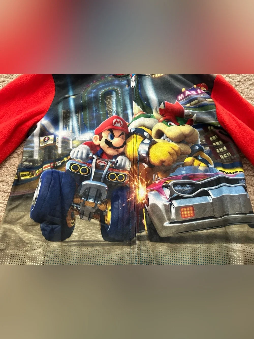 Mario Kart Racing Boys Hooded One Piece Pajamas Size 4/5 Fleece Union Suit